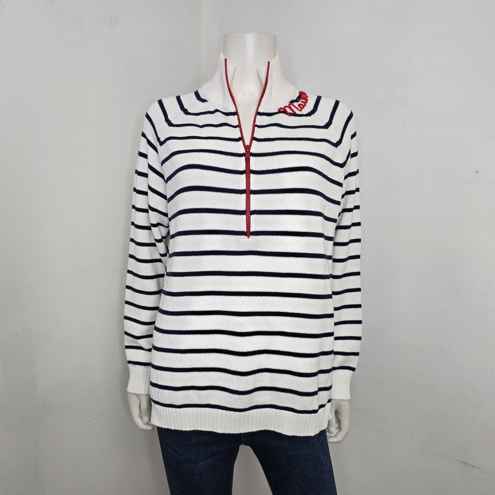 Pink Pineapple Sweater 1/2 Zip Navy Stripe Maine Embroidered Womens Size XL NWT